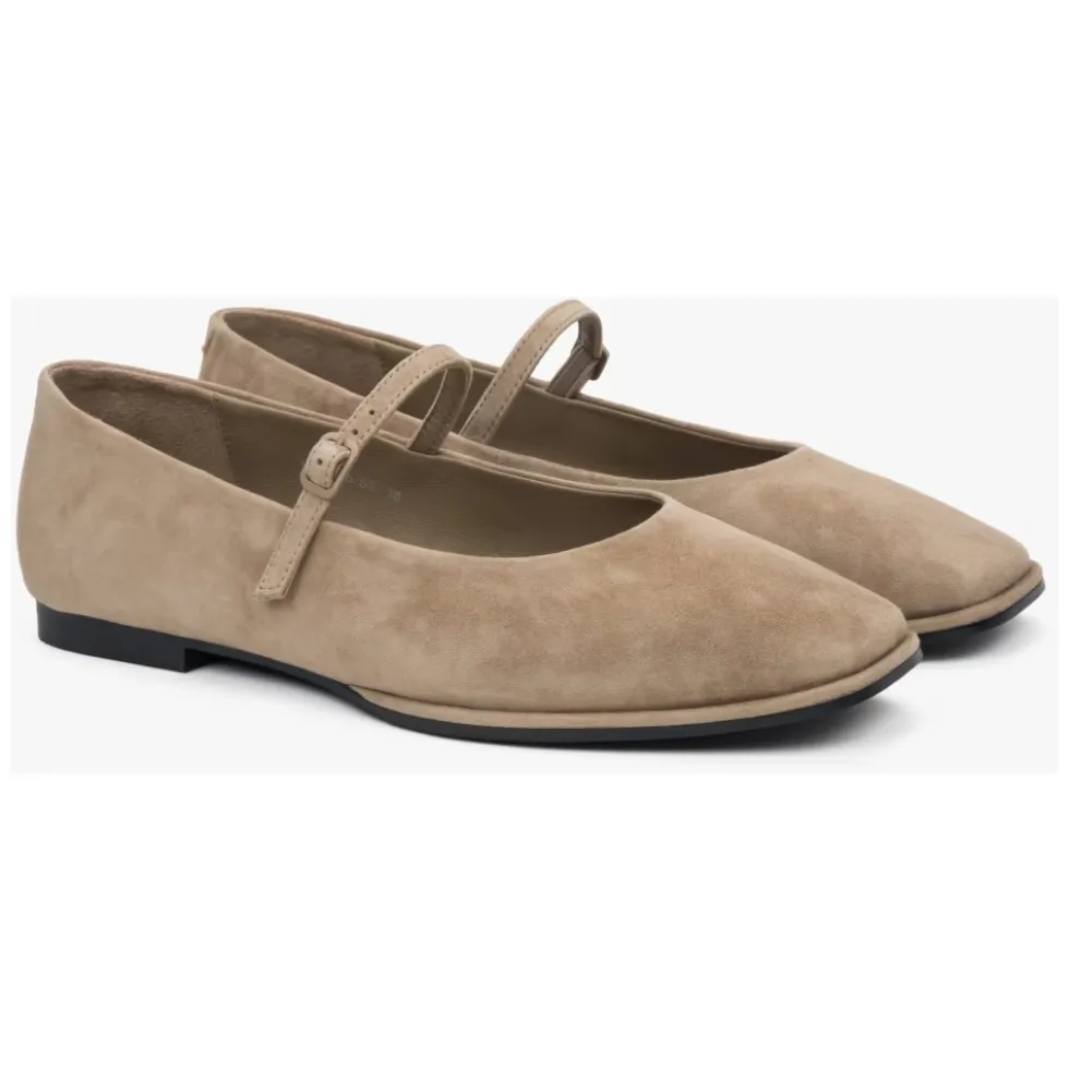 Beige Ballet Flats til kvinder med spænde lavet af blød velour