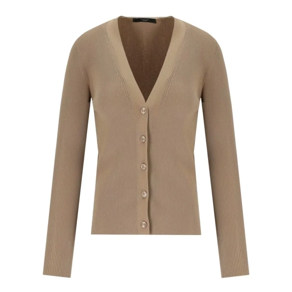 Beige V-Neck Ribbed Cardigan