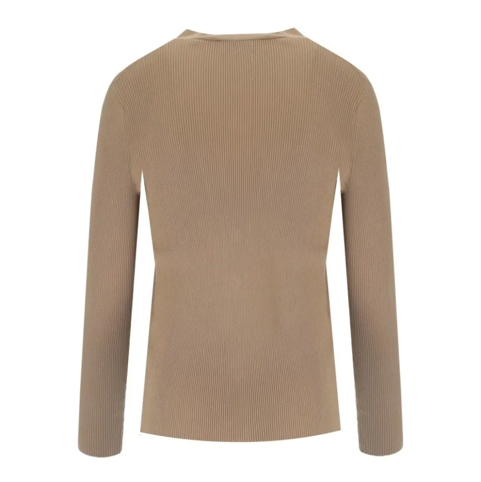 Beige V-Neck Ribbed Cardigan
