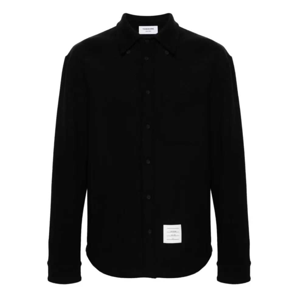Blå Herringbone Logo Patch Skjorte