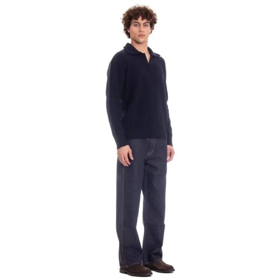 Blå Sweater med Unik Frontdetalje