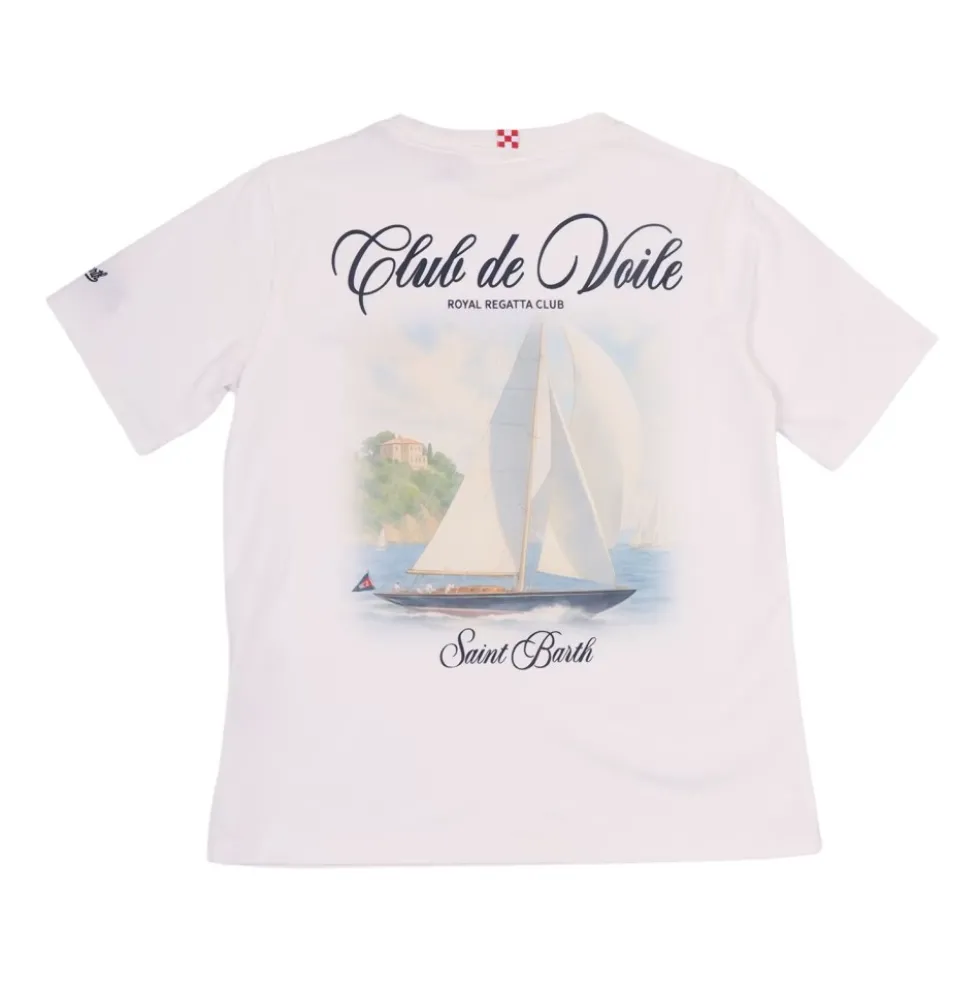 Bomulds T-shirt med print foran og bagpå samt broderi