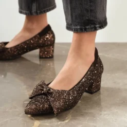 Brun Glitter Pump med Sløjfe