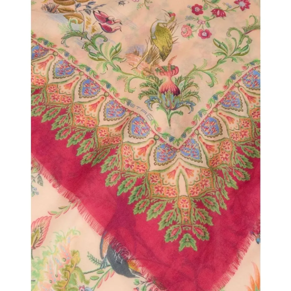 Cashmere-blandet sjal med flora- og fauna-motiv