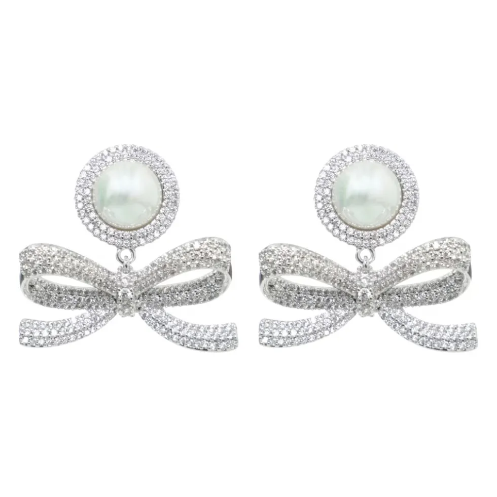 Crystal Bow Pearl Earrings