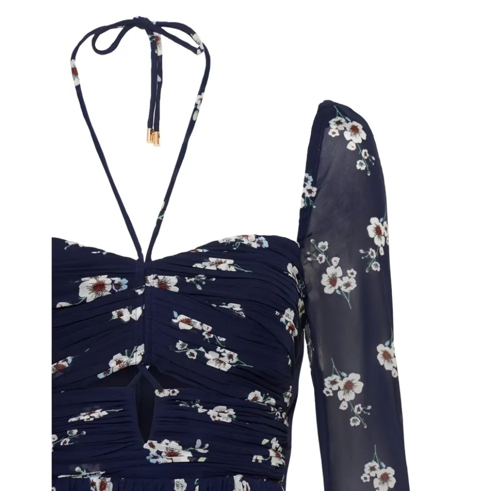 Elegant lang kjole med blåt fantasiprint