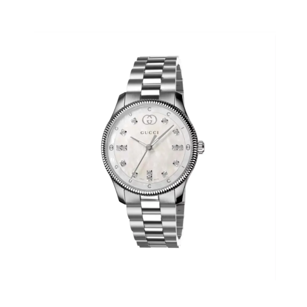G-Timeless 29 mm rustfrit stålkasse, hvid perlemorsskive med og bogstaver, diamantindekser, rustfrit stålarmbånd