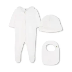 Hat, Bib & Lace-Trimmed Footed Onesie Set