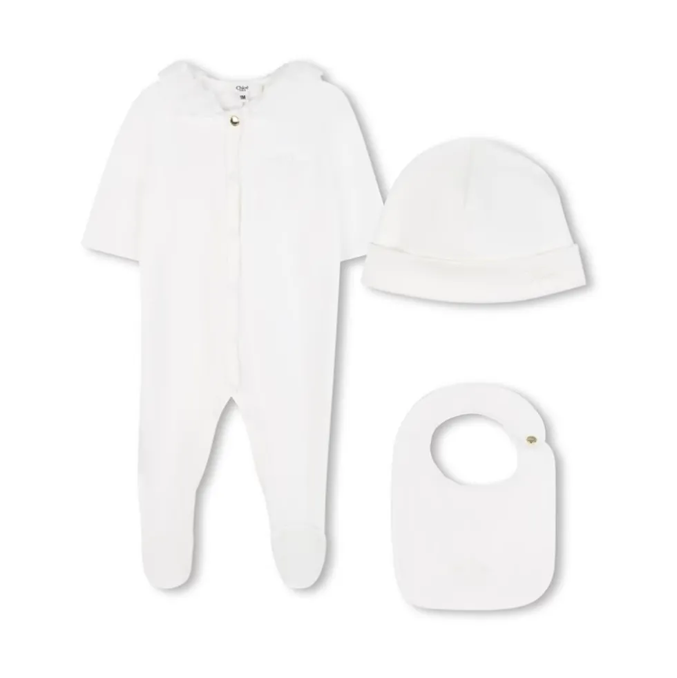 Hat, Bib & Lace-Trimmed Footed Onesie Set