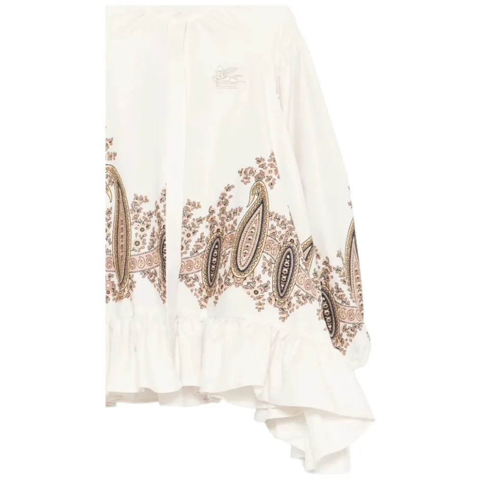 Hvid Paisley Print Ruffled Hem Skjorte