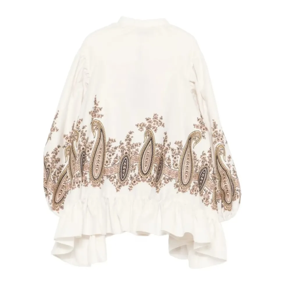Hvid Paisley Print Ruffled Hem Skjorte