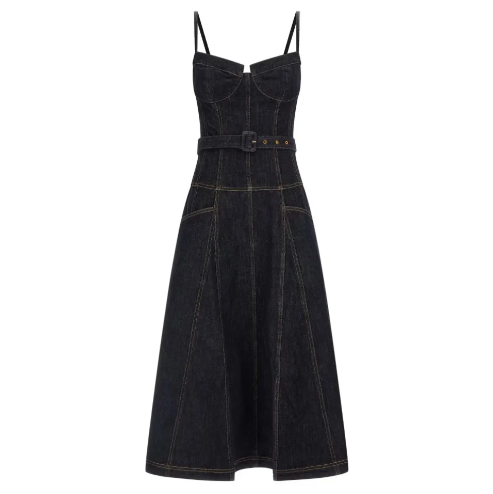 Indigo Denim Flared Midi Kjole
