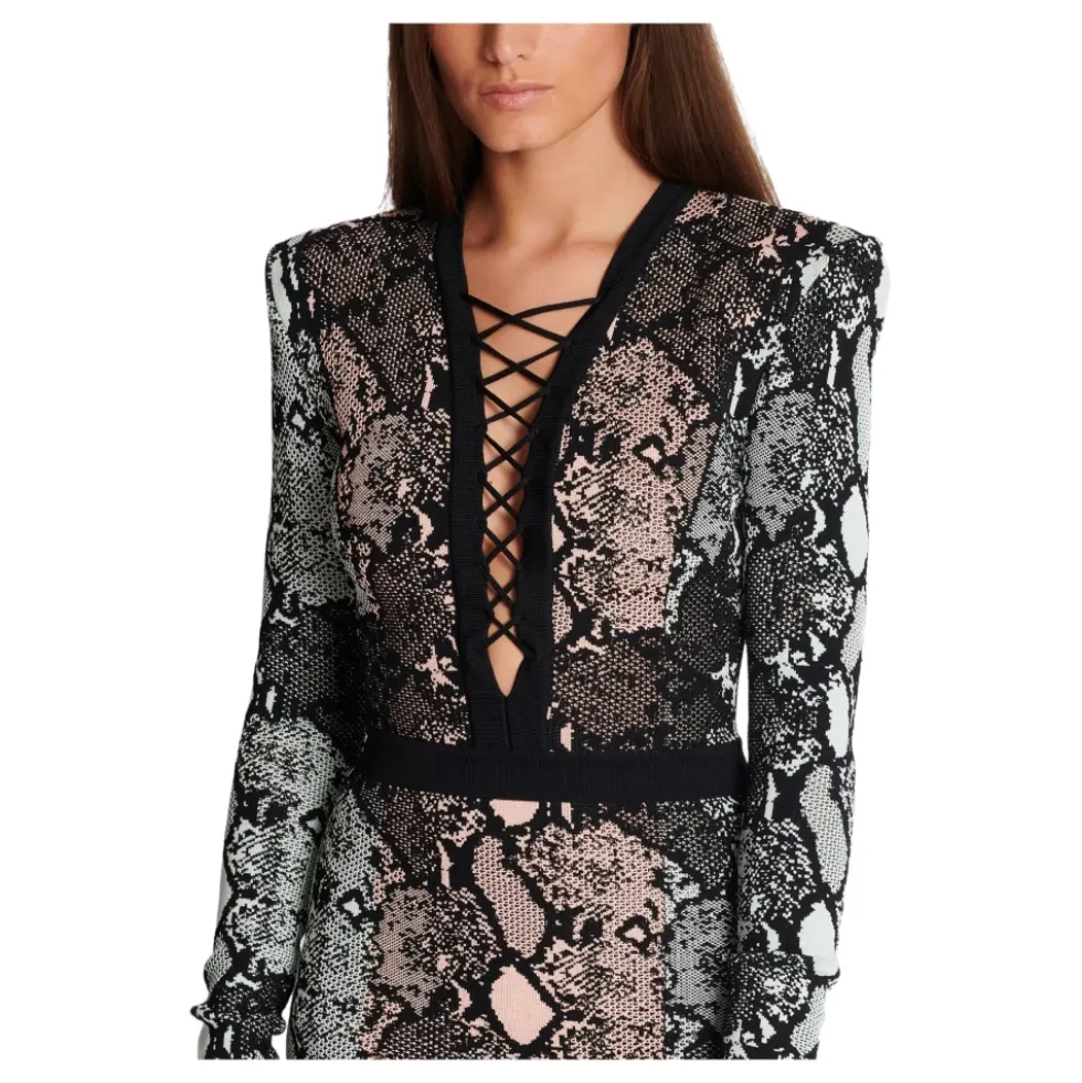 Kort snørekjole i snakeskin-jacquard
