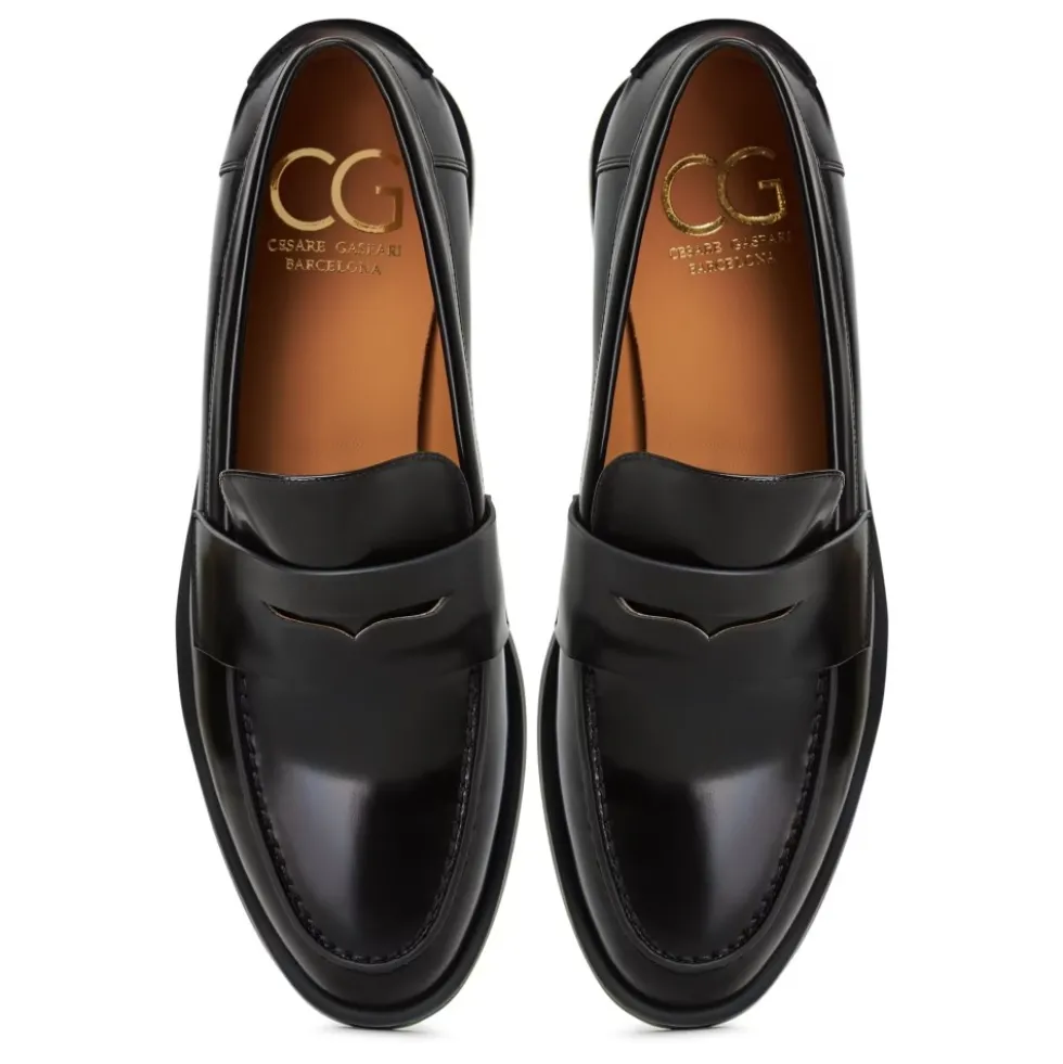 Læder Loafers med Blokhæl - Patent Sort