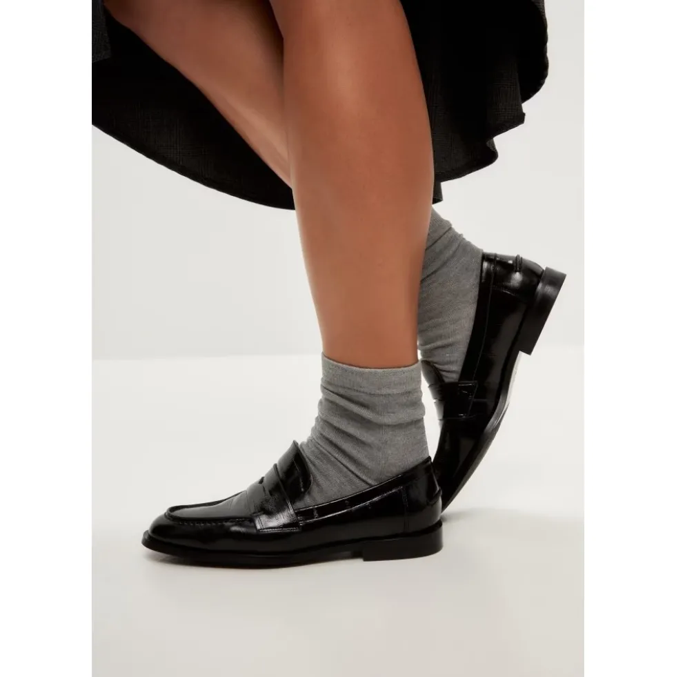 Læder Loafers med Blokhæl - Patent Sort