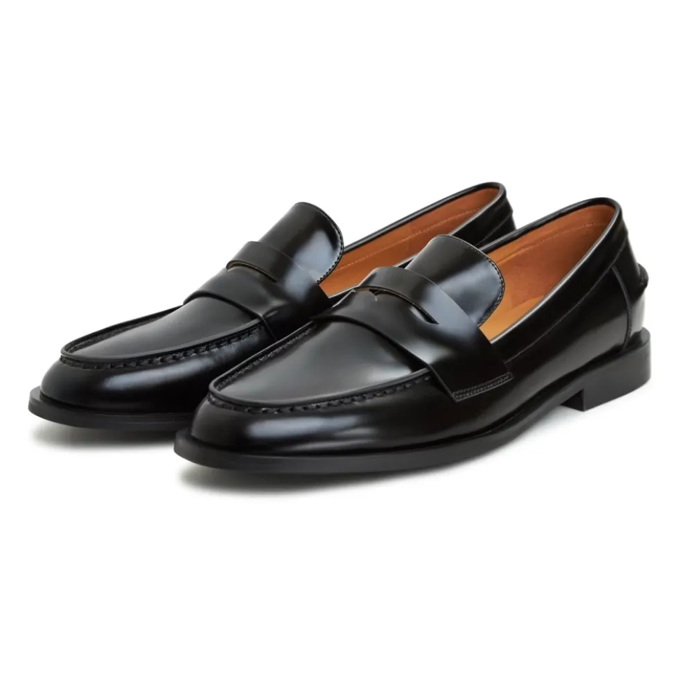 Læder Loafers med Blokhæl - Patent Sort