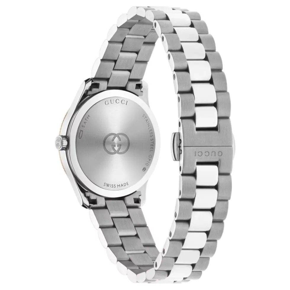 29 mm rustfrit stålkasse, lyserød guldbelagt bezel, sølvskive, rustfrit stålarmbånd, kvartsbevægelse
