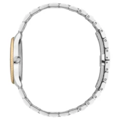 29 mm rustfrit stålkasse, lyserød guldbelagt bezel, sølvskive, rustfrit stålarmbånd, kvartsbevægelse