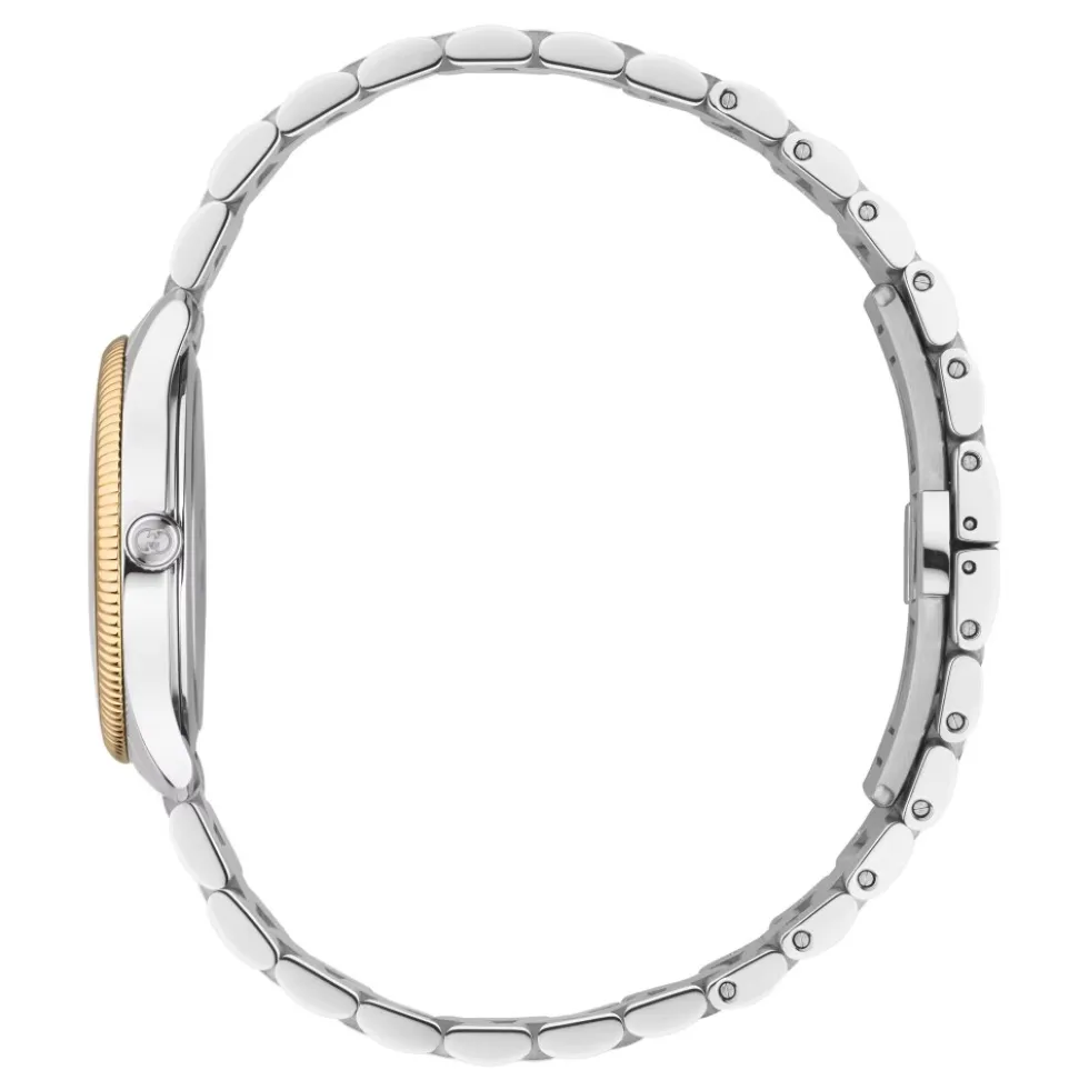29 mm rustfrit stålkasse, lyserød guldbelagt bezel, sølvskive, rustfrit stålarmbånd, kvartsbevægelse