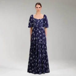 Pansy Print Chiffon Maxi Kjole