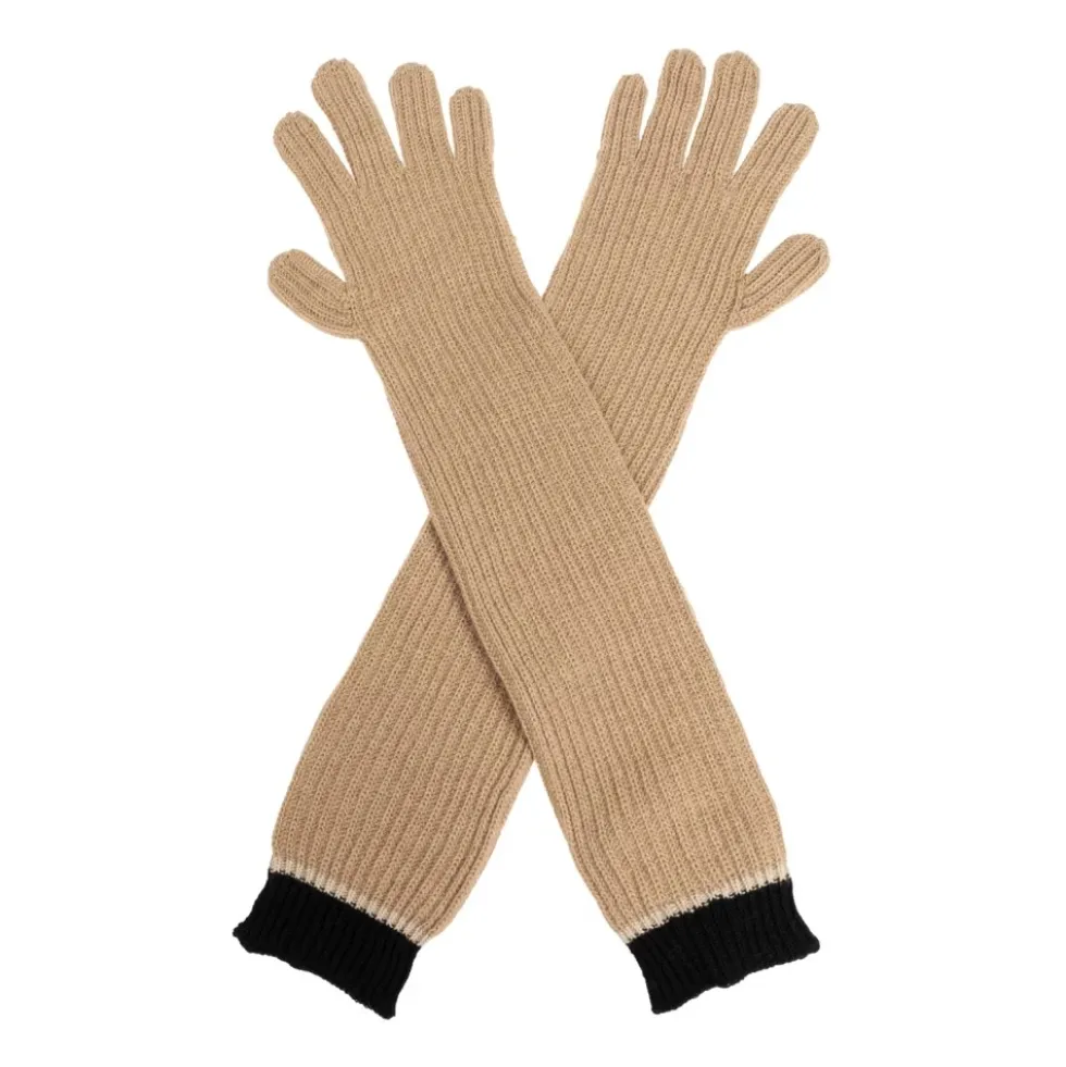Ribbed Lange Handsker Beige Logo
