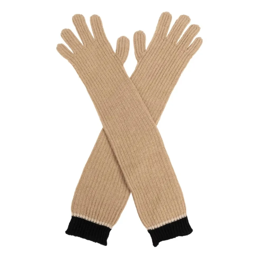 Ribbed Lange Handsker Beige Logo