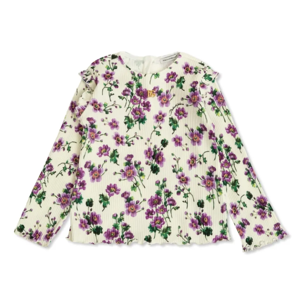 Ribbed top med blomstermotiv