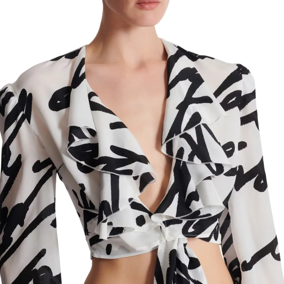 Ruffled love letter knotted crop shirt