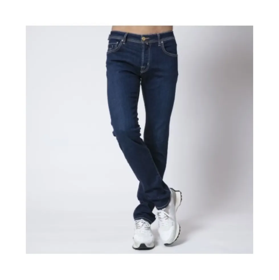 Slim Fit Navy Jeans med Gule Læg - Nick Model