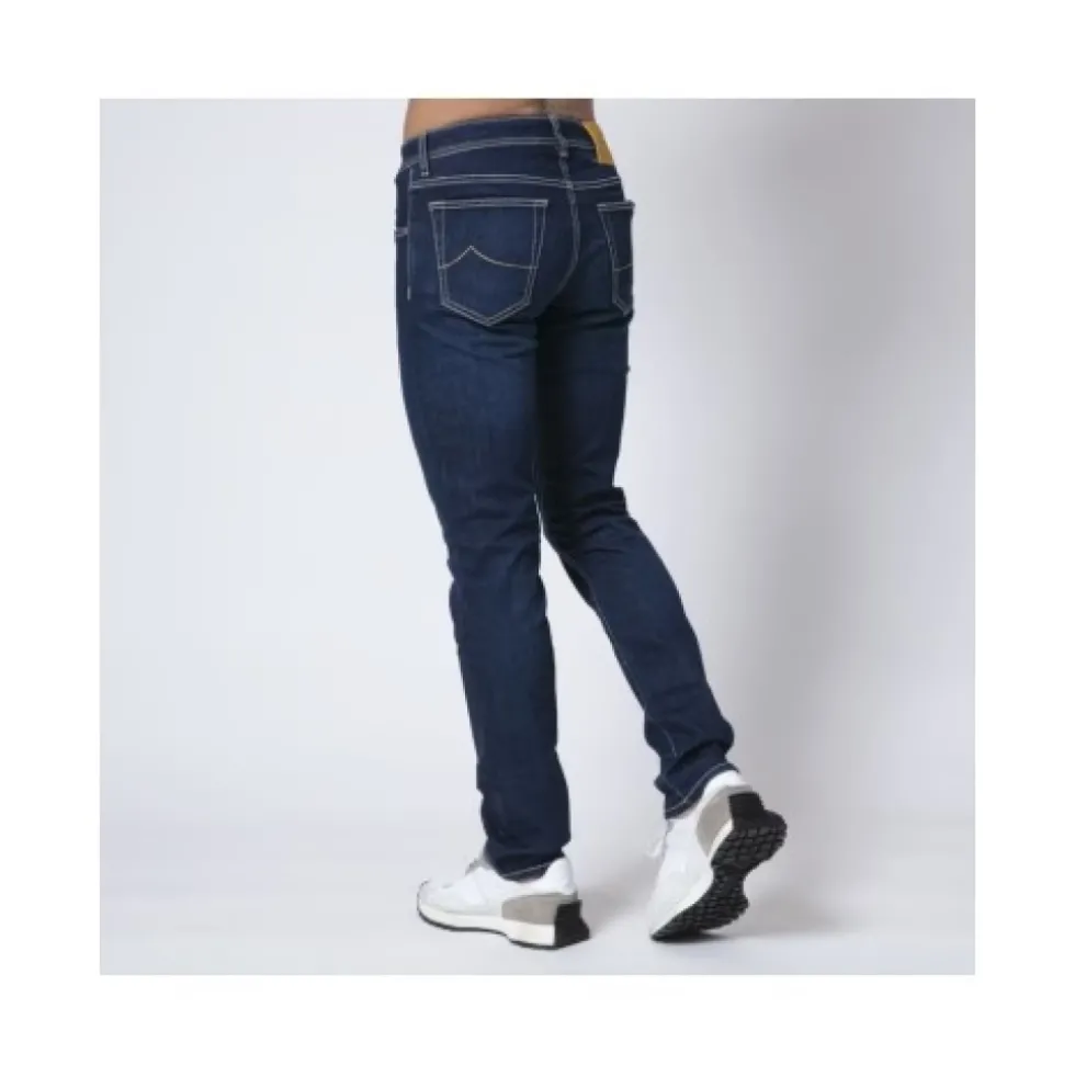 Slim Fit Navy Jeans med Gule Læg - Nick Model