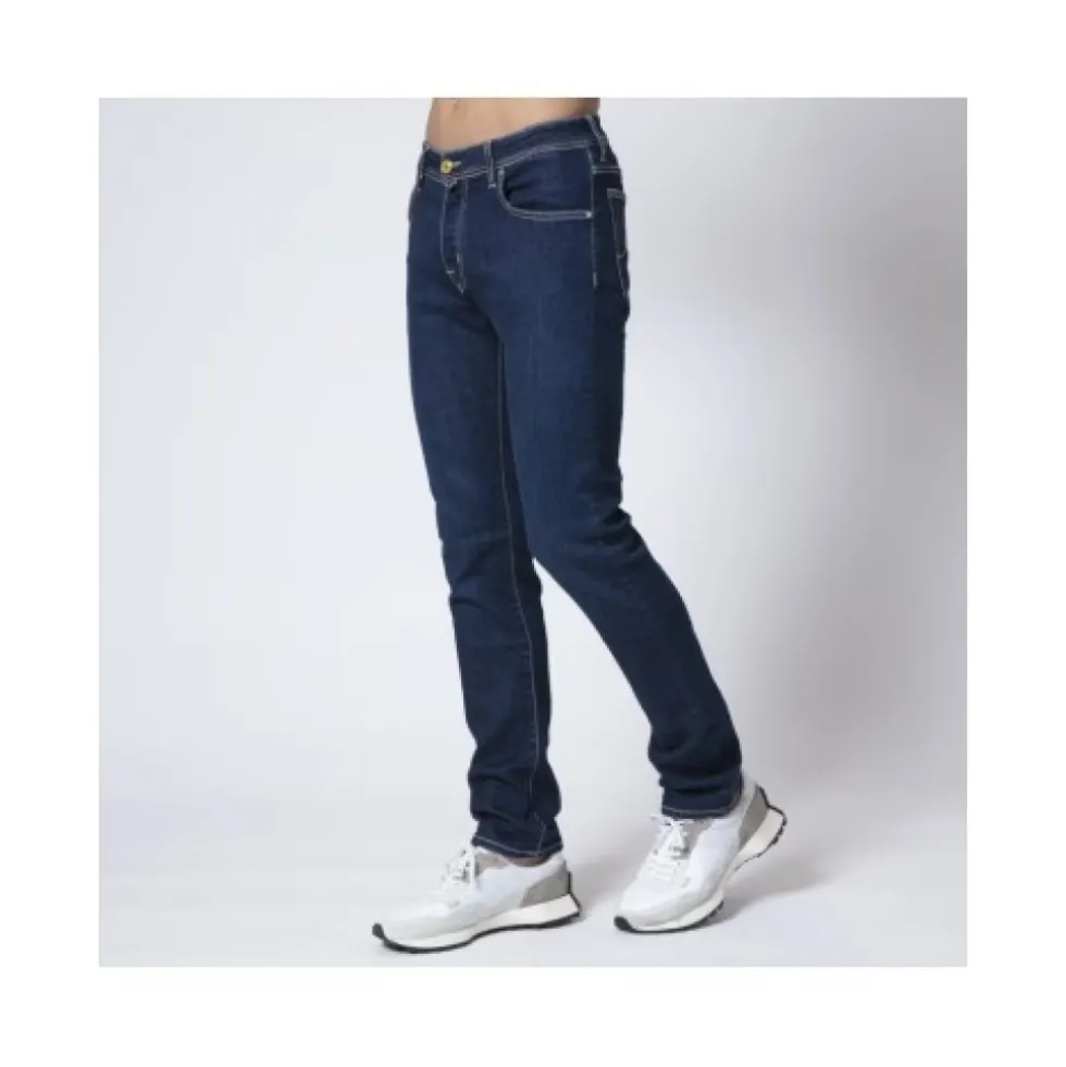 Slim Fit Navy Jeans med Gule Læg - Nick Model
