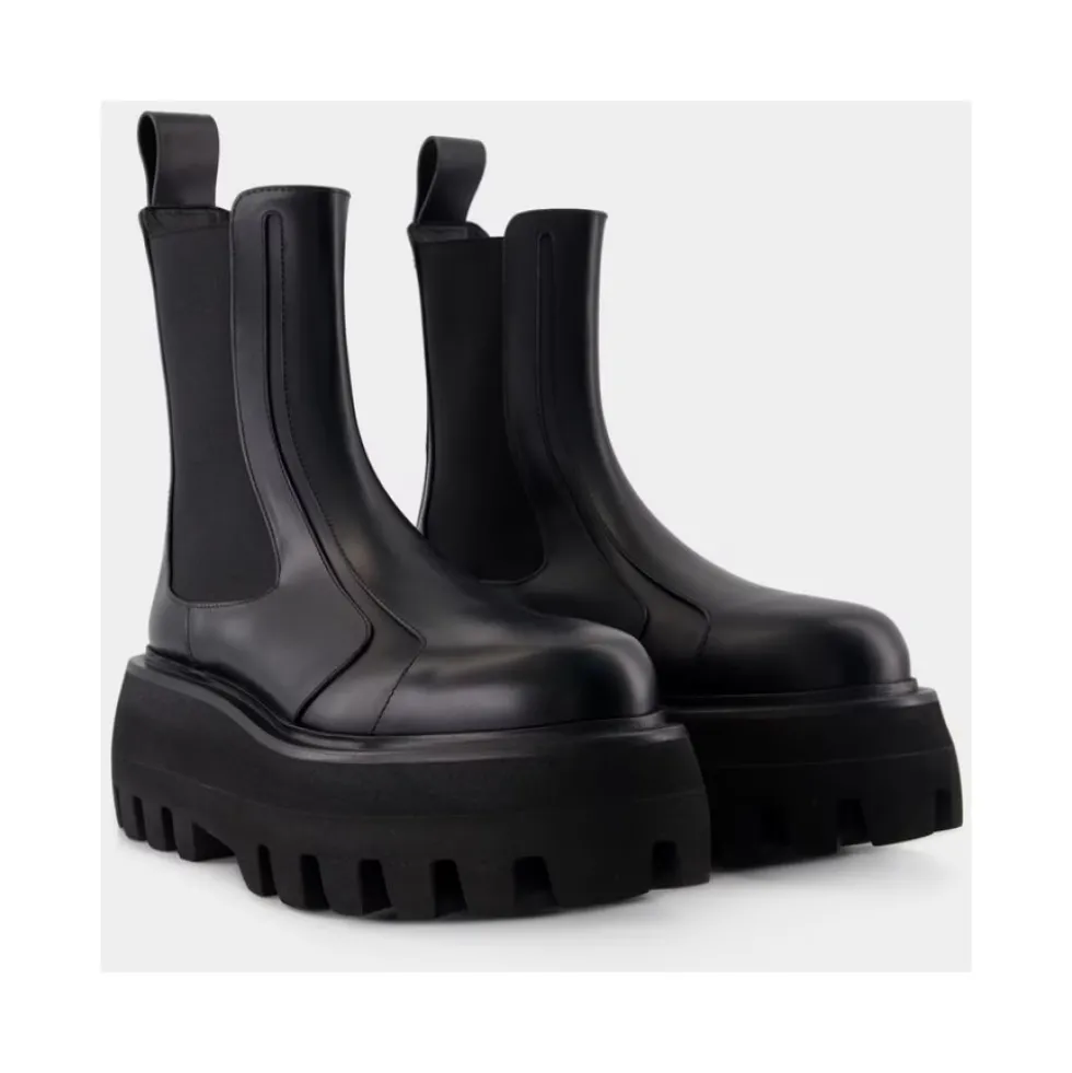 Sort Læder Gummistøvler Slip-On
