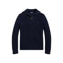 Vaffelstrikket halv lynlås uld bomuld sweater