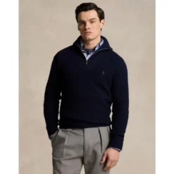 Vaffelstrikket halv lynlås uld bomuld sweater