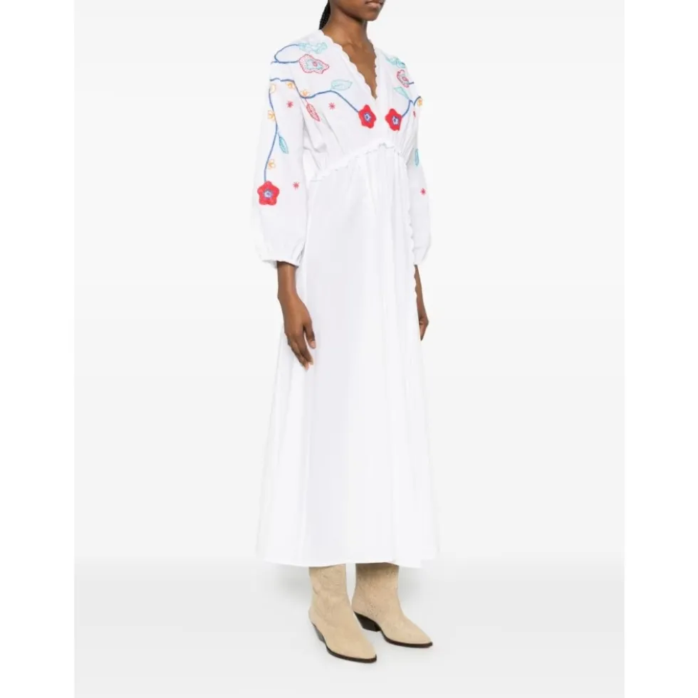 V-neck Broderet Maxikjole