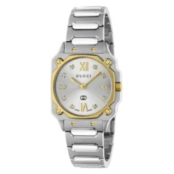 YA166503 - G-Flat 24mm rustfrit stål urkasse med 18 kt guldbelagt bezel og skruer; Sølvforzinket skive med romerske indekser kl. 12 og 6 og diamantindekser; Rustfrit stål armbånd