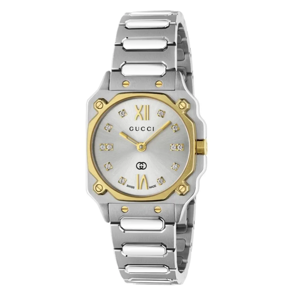 YA166503 - G-Flat 24mm rustfrit stål urkasse med 18 kt guldbelagt bezel og skruer; Sølvforzinket skive med romerske indekser kl. 12 og 6 og diamantindekser; Rustfrit stål armbånd