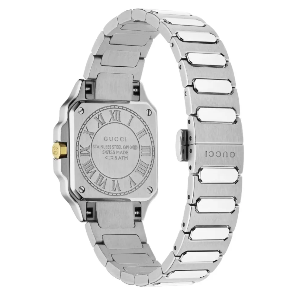 YA166503 - G-Flat 24mm rustfrit stål urkasse med 18 kt guldbelagt bezel og skruer; Sølvforzinket skive med romerske indekser kl. 12 og 6 og diamantindekser; Rustfrit stål armbånd
