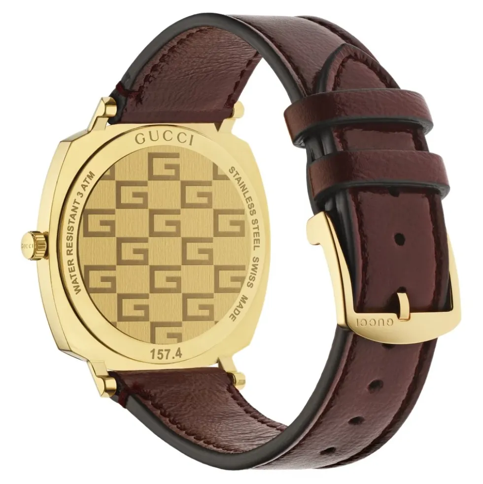 YA157411 - Grip Gult guld PVD, 3 vinduer der angiver time, minut & dato, bordeaux læderrem